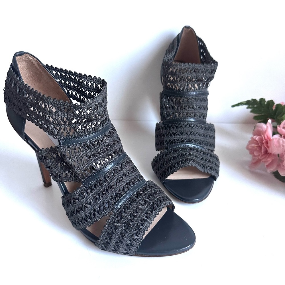 L.K. Bennett Eloise Olive Green Leather Lace Cut Out Peep Toe Bootie High Heels
